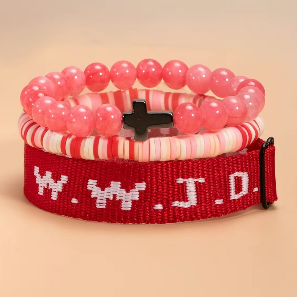A89 3pc wwjd new bracelet set pick color beaded clay black pink blue red purple - Picture 3 of 6